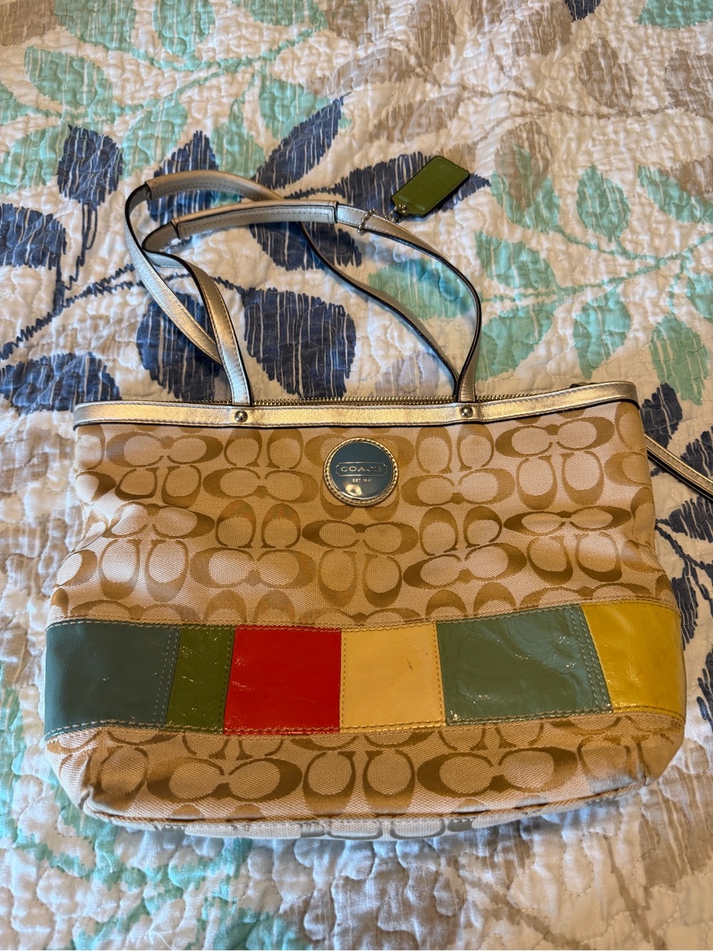 COACH Signature Canvas Tote with Colorblock Accent - Khaki/Multicolor